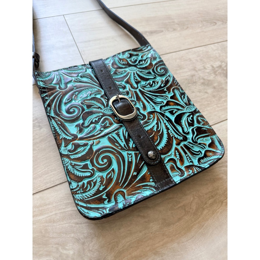 Patricia Nash Venezia Tooled Turquoise Leather Crossbody Bag Floral Western Boho